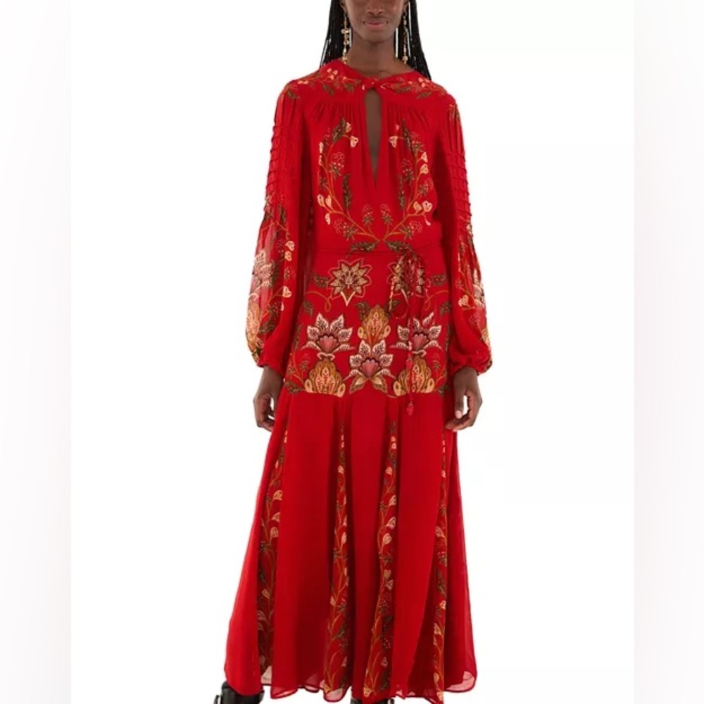 NEW FARM RIO berry garden long sleeve pleated maxi dress red boho wedding guest